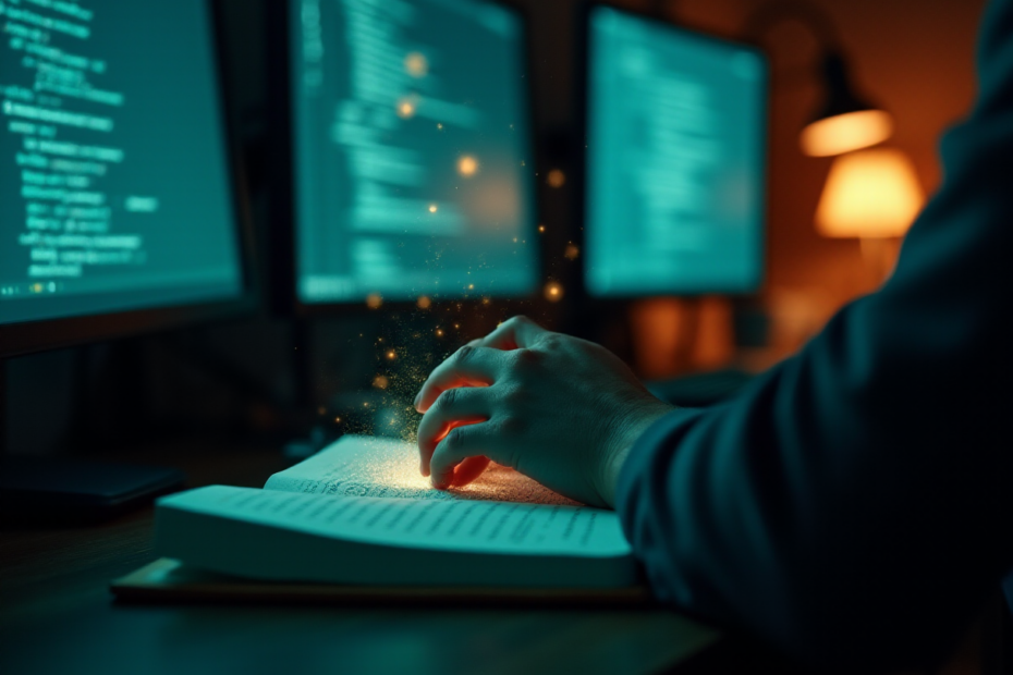 Mãos sobre um caderno cujas páginas se desfazem em partículas de luz, diante de monitores com código